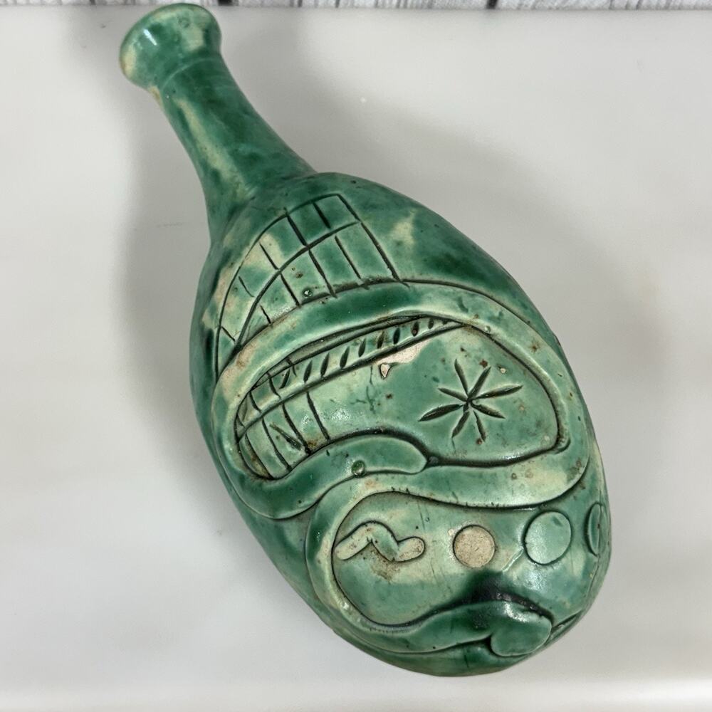 Handmade Pottery Saddle Flask Vase Green Bulbous Body Narrow Neck Decor